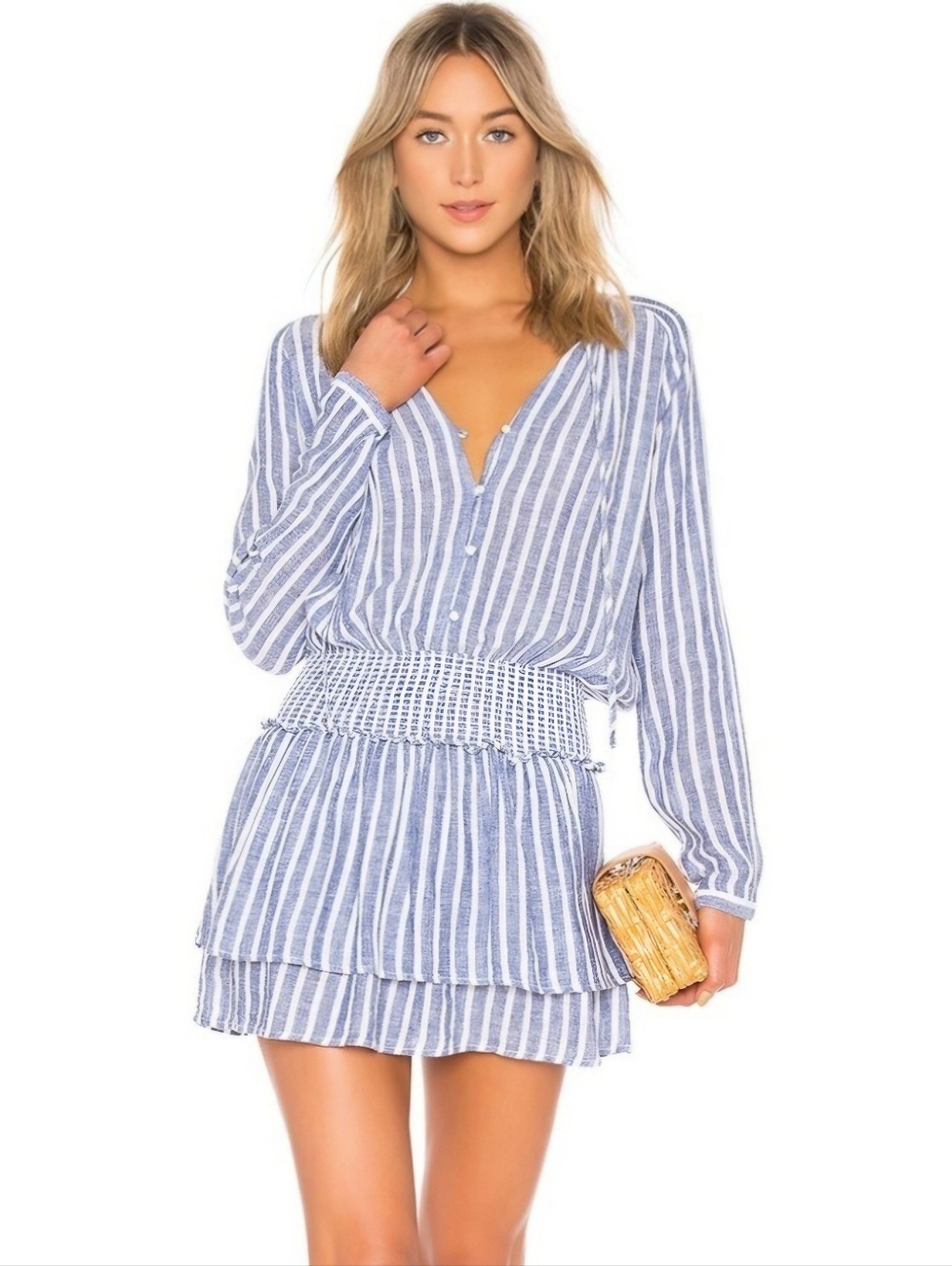 Rails Women's Blue Jasmine Rhone Stripe Linen Smocked Mini Dress Size Large.